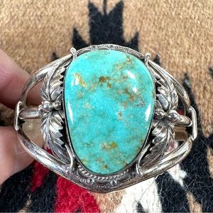 Signed MP Sterling Silver .925 Turquoise Leaf Cuff Bracelet